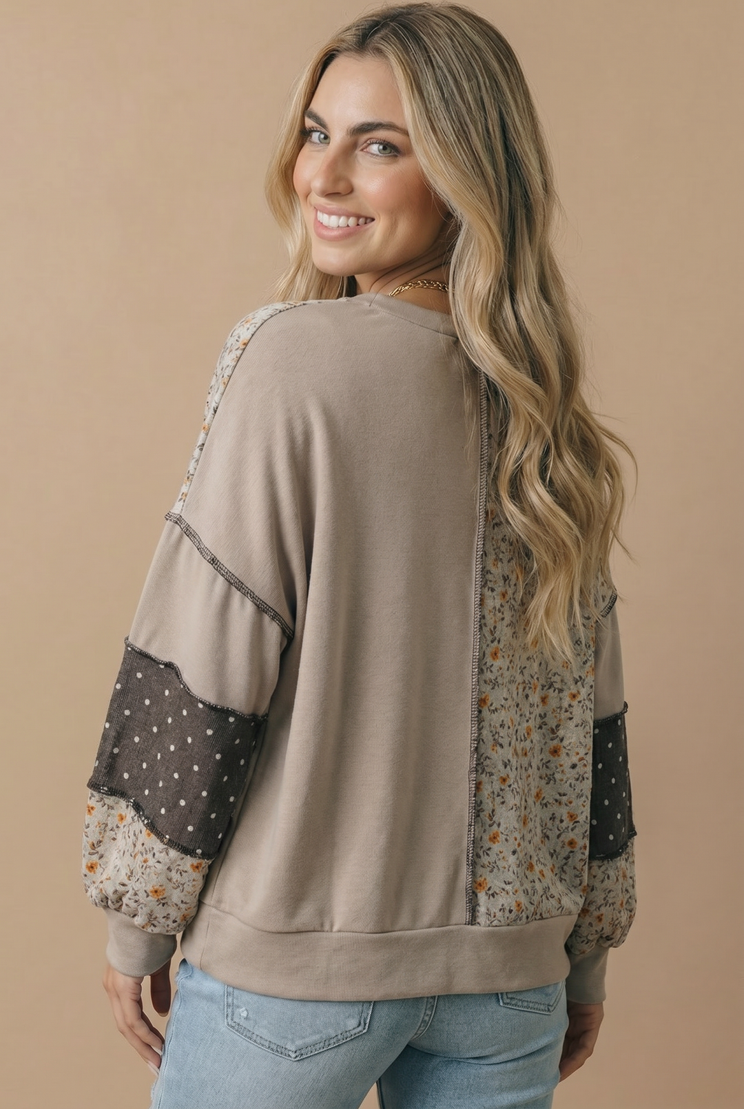 Round Neck Floral &amp; Polka Dot Patchwork French Terry Pullover