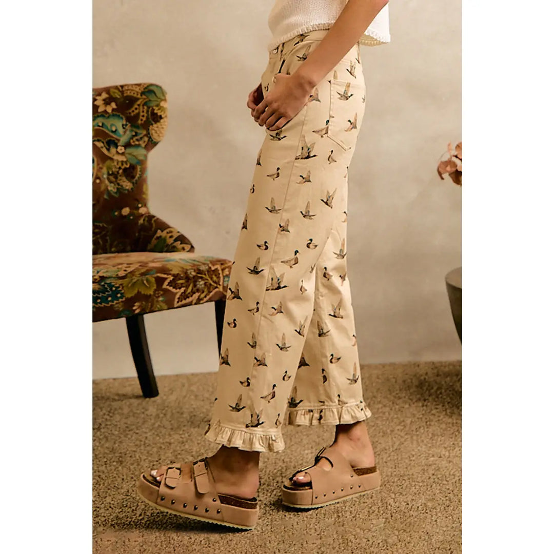 Mallard Duck Print Ruffle Hem Pants | Cream Cotton Boutique Pants