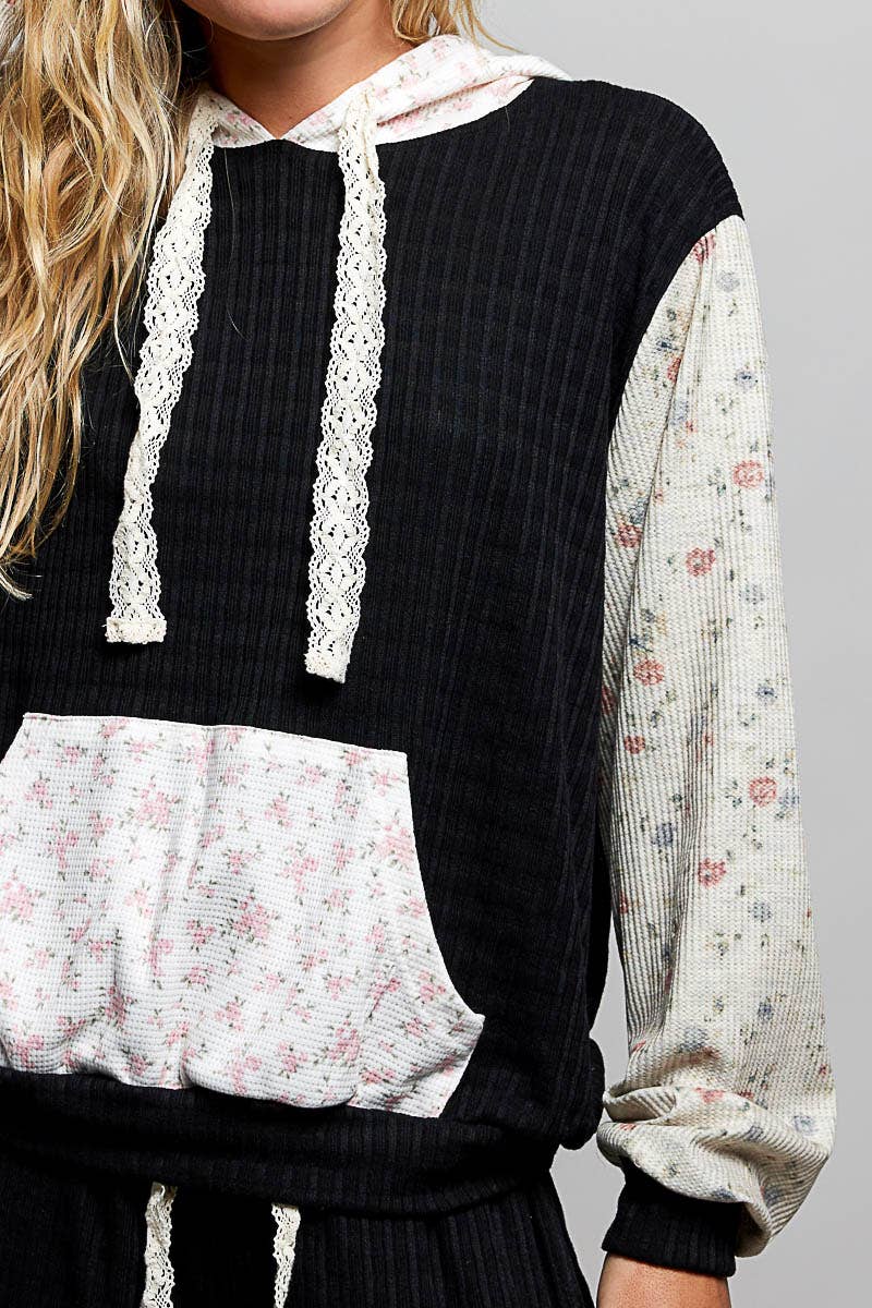 Boho Mixed Knit Contrast Sleeve Hooded Pulloverl