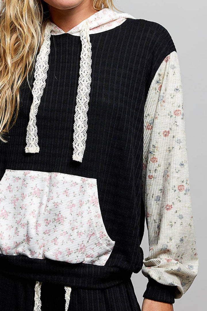 Boho Mixed Knit Contrast Sleeve Hooded Pulloverl