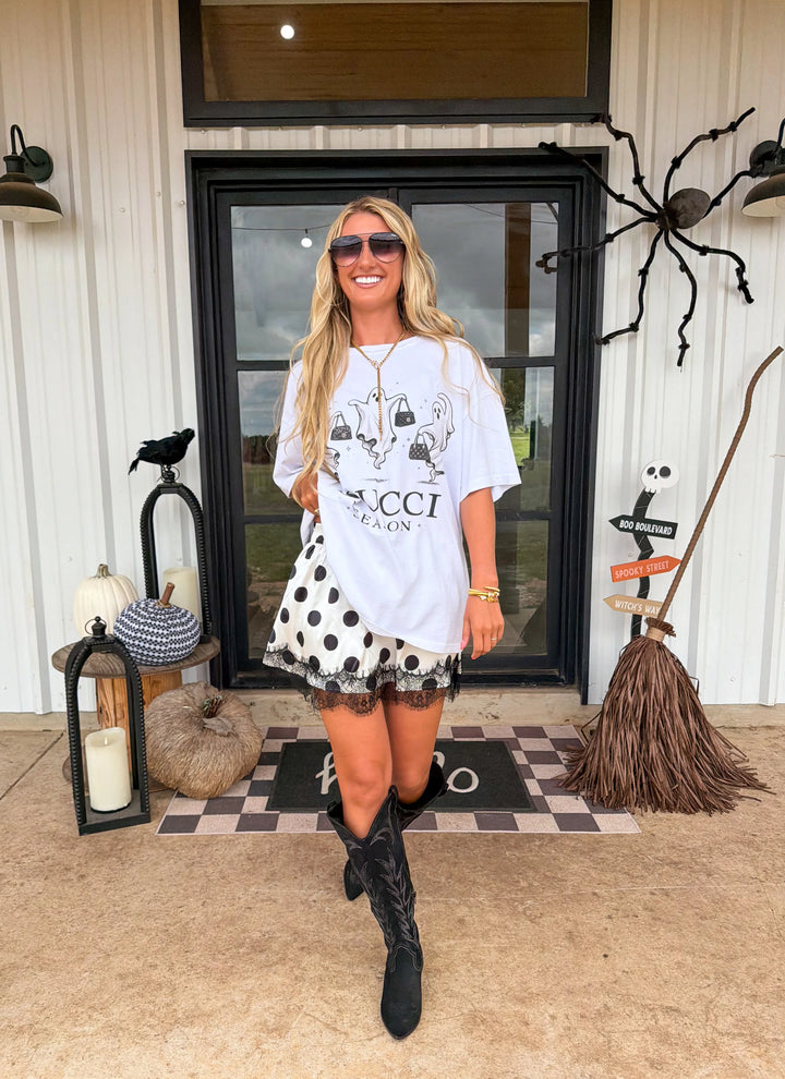 Black &amp; White Polka Dot Satin Lace Trim Skirt