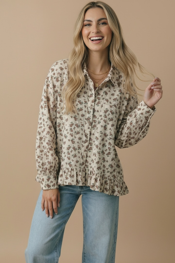 Vintage Floral Peplum Button Down Shirt | Collared Long Sleeve Babydoll Blouse