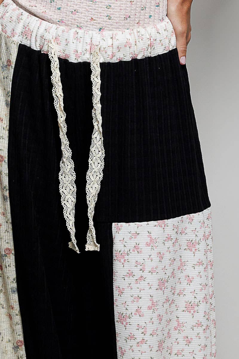 Boho Elastic Waistband Patchwork Knit Balloon Wide Leg Pants