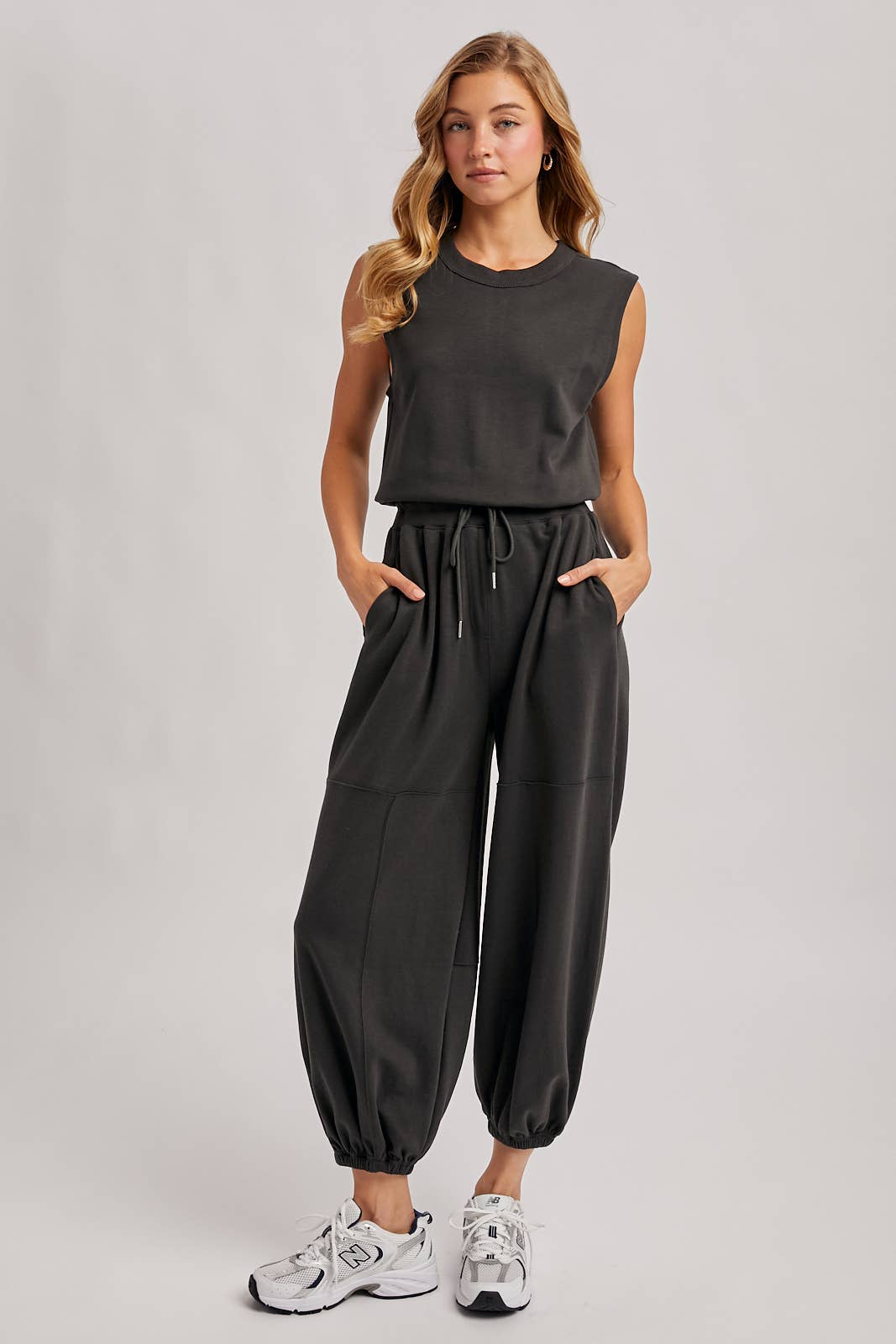 DRAWSTRING WAIST SLEEVELESS KNIT ACTIVE JUMPSUIT