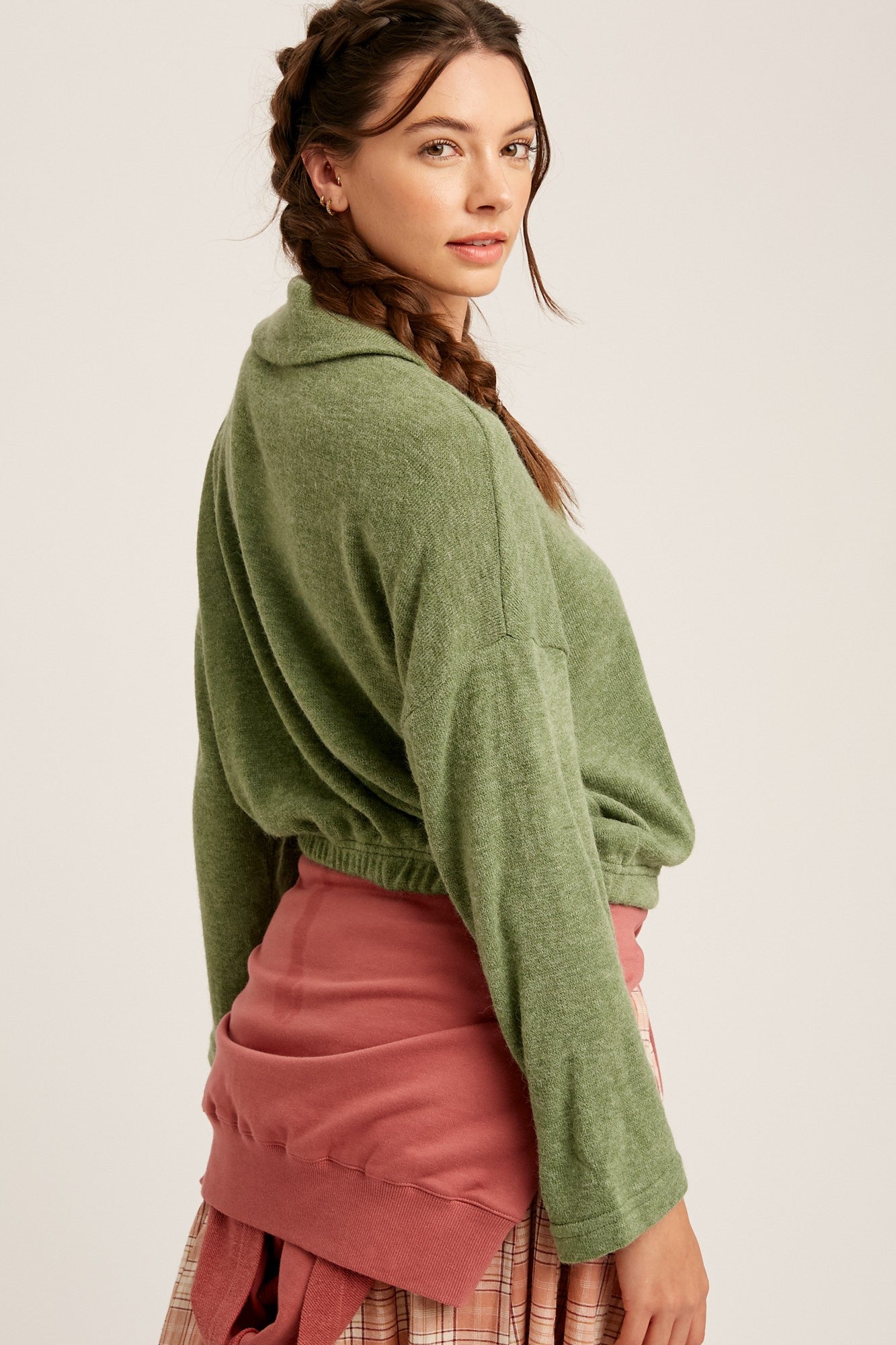 Terry Cloth Crop Sweater with Button Detail