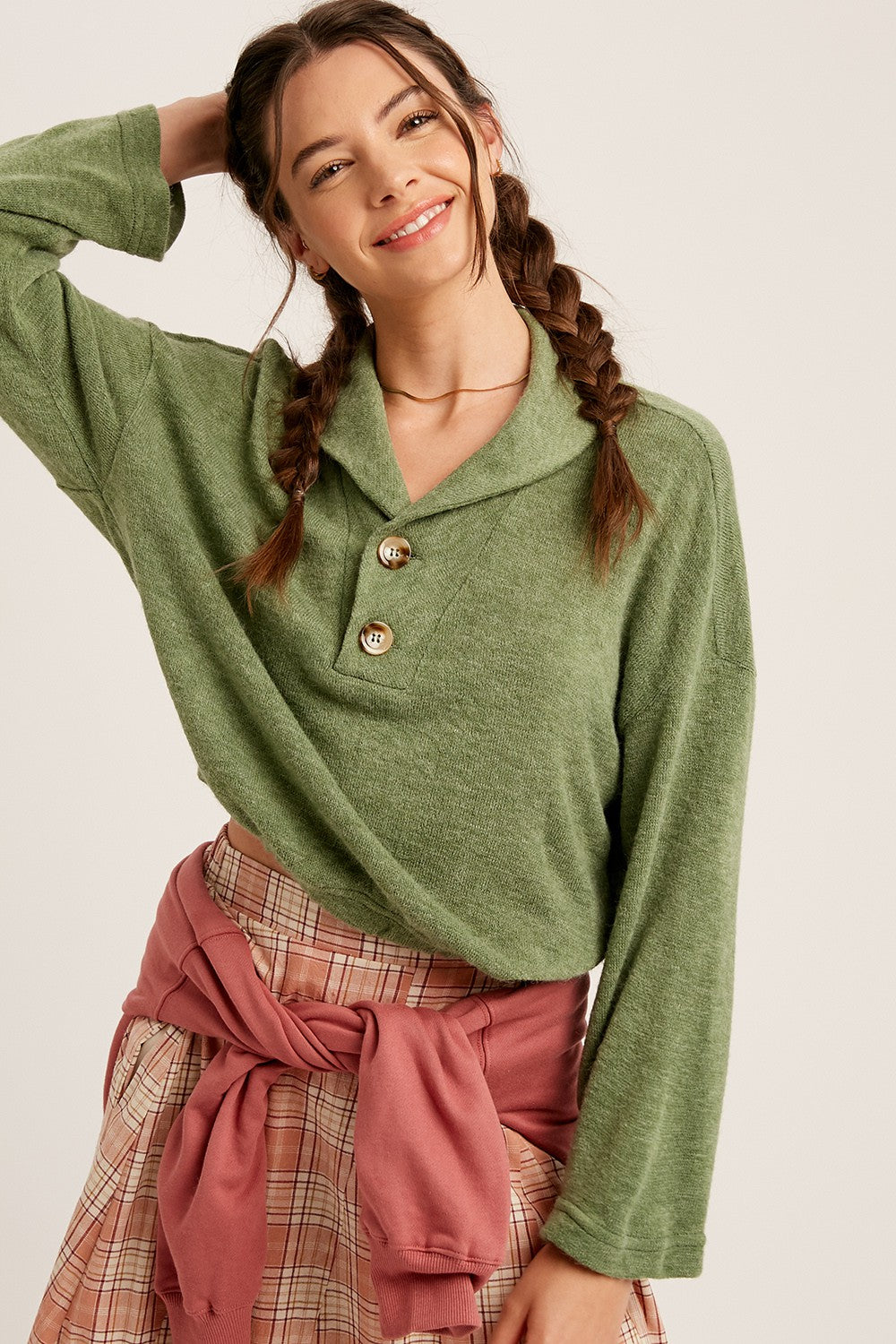 Terry Cloth Crop Sweater with Button Detail