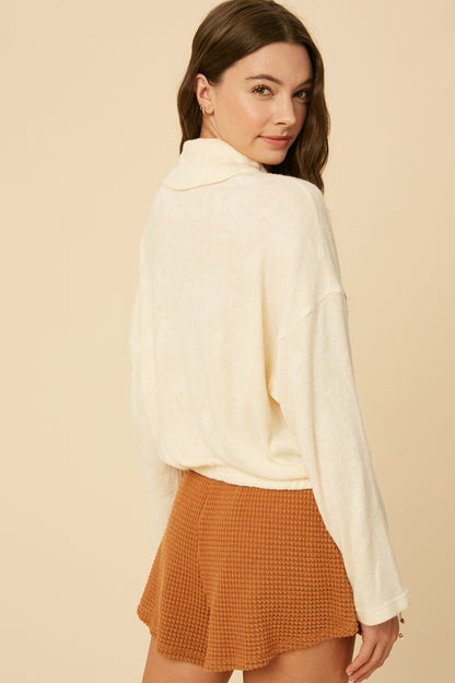 Terry Cloth Crop Sweater with Button Detail