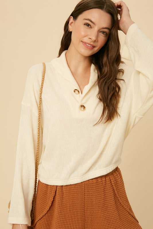 Terry Cloth Crop Sweater with Button Detail