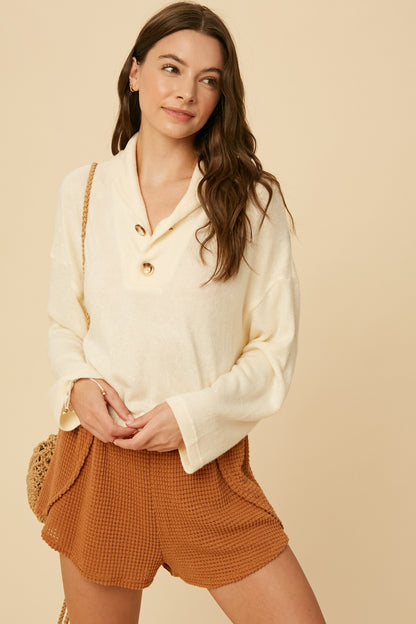 Terry Cloth Crop Sweater with Button Detail