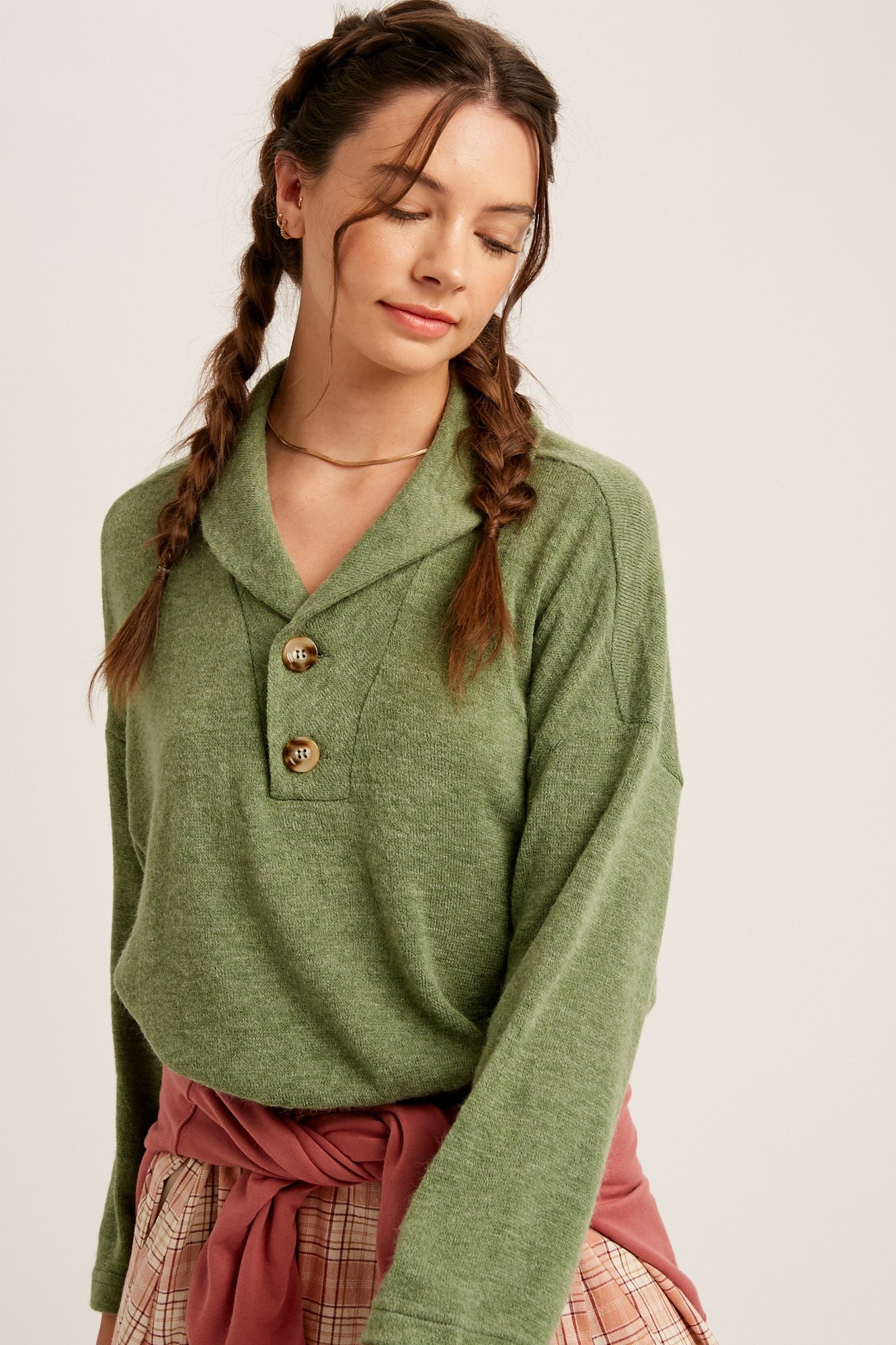 Terry Cloth Crop Sweater with Button Detail