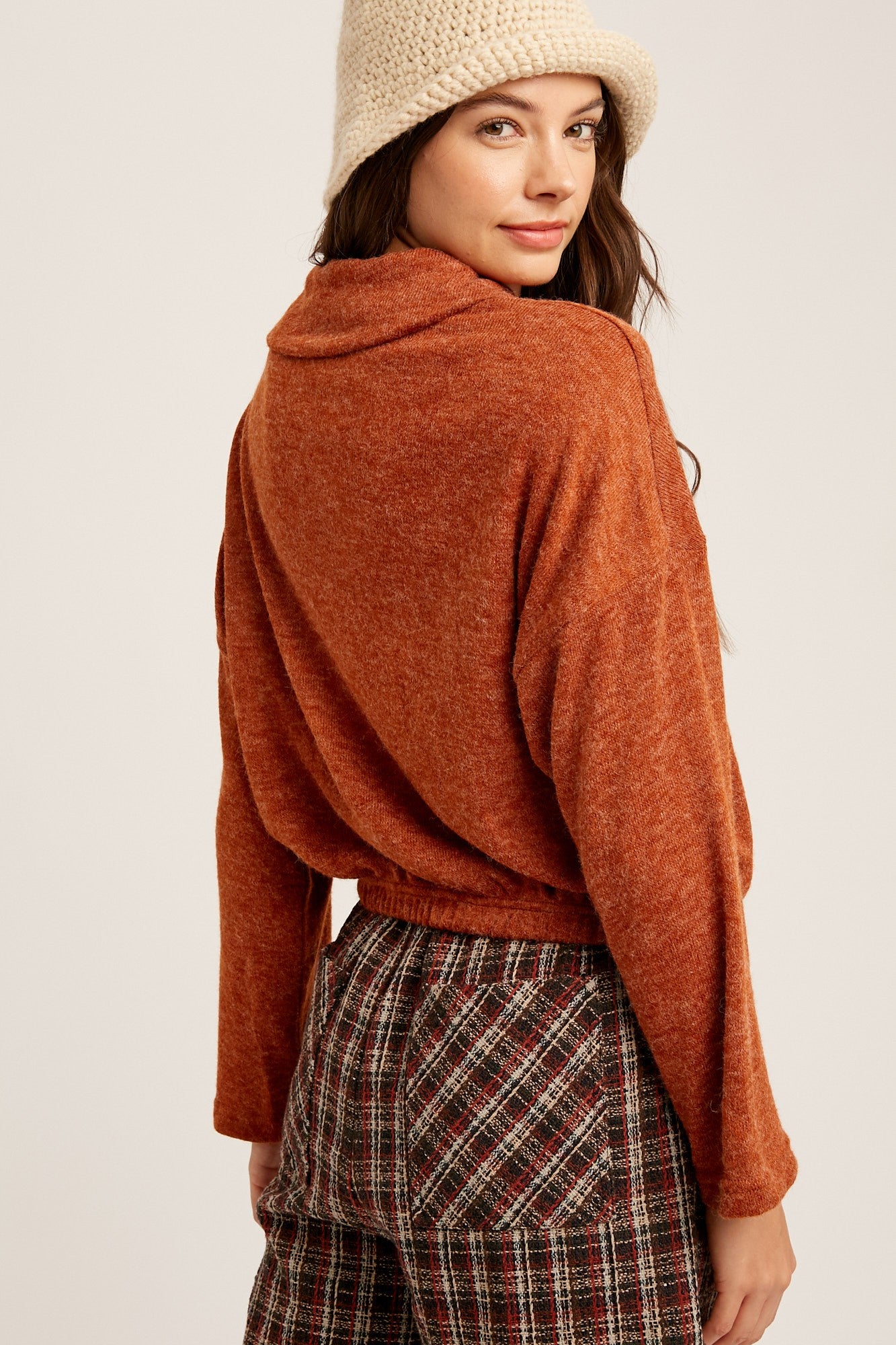 Terry Cloth Crop Sweater with Button Detail