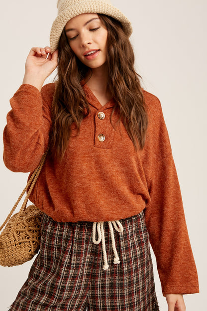 Terry Cloth Crop Sweater with Button Detail