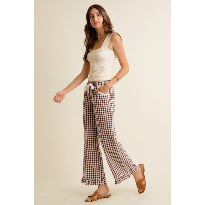 Brown Gingham Ruffle Lounge Pants | Cotton Pull-On Wide Leg Pants