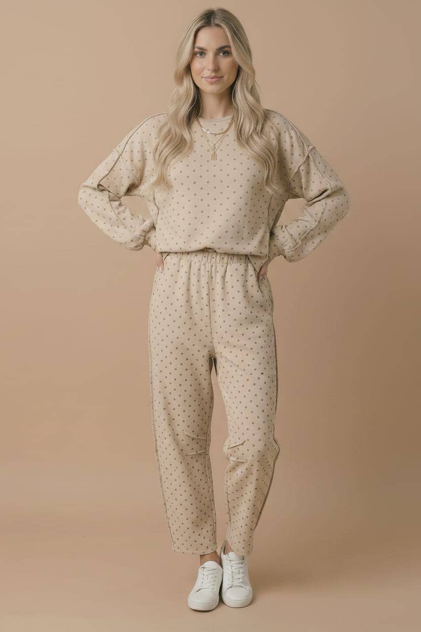 Mocha Polka Dot Barrel Pants | French Terry Elastic Waist Lounge Pants