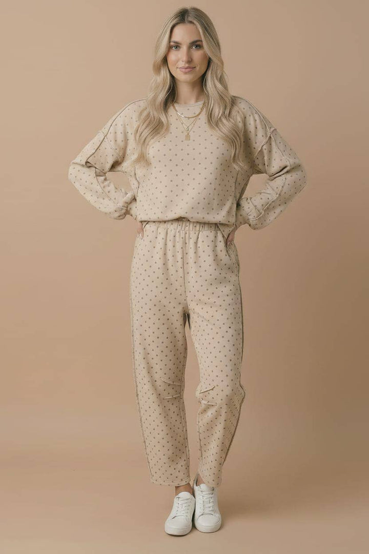 Mocha Polka Dot Barrel Pants | French Terry Elastic Waist Lounge Pants