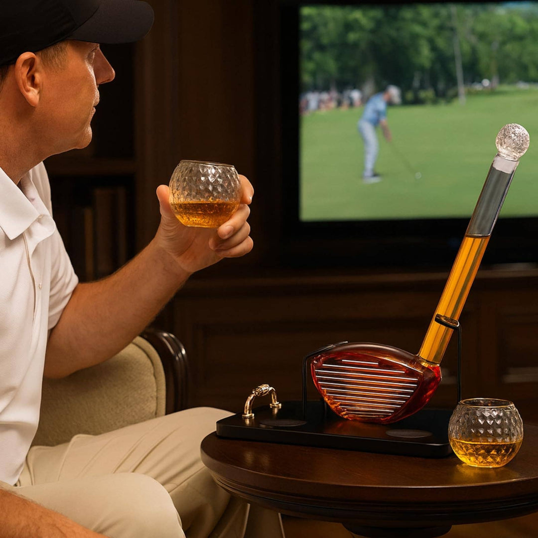 Golf Stick Whiskey Decanter Set with Golf Ball Glasses – Unique Golf Gift for Men
