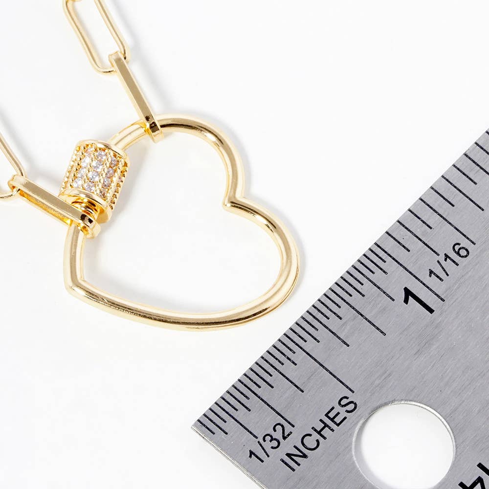 Gold Dipped CZ Open Heart Carabiner Pendant Chain Necklace