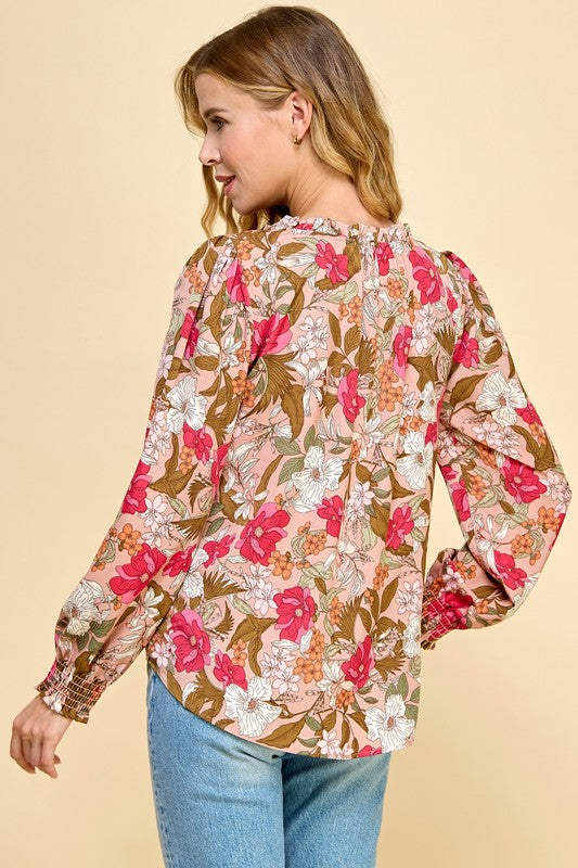Floral Top V Neck With Smocked Sleeves