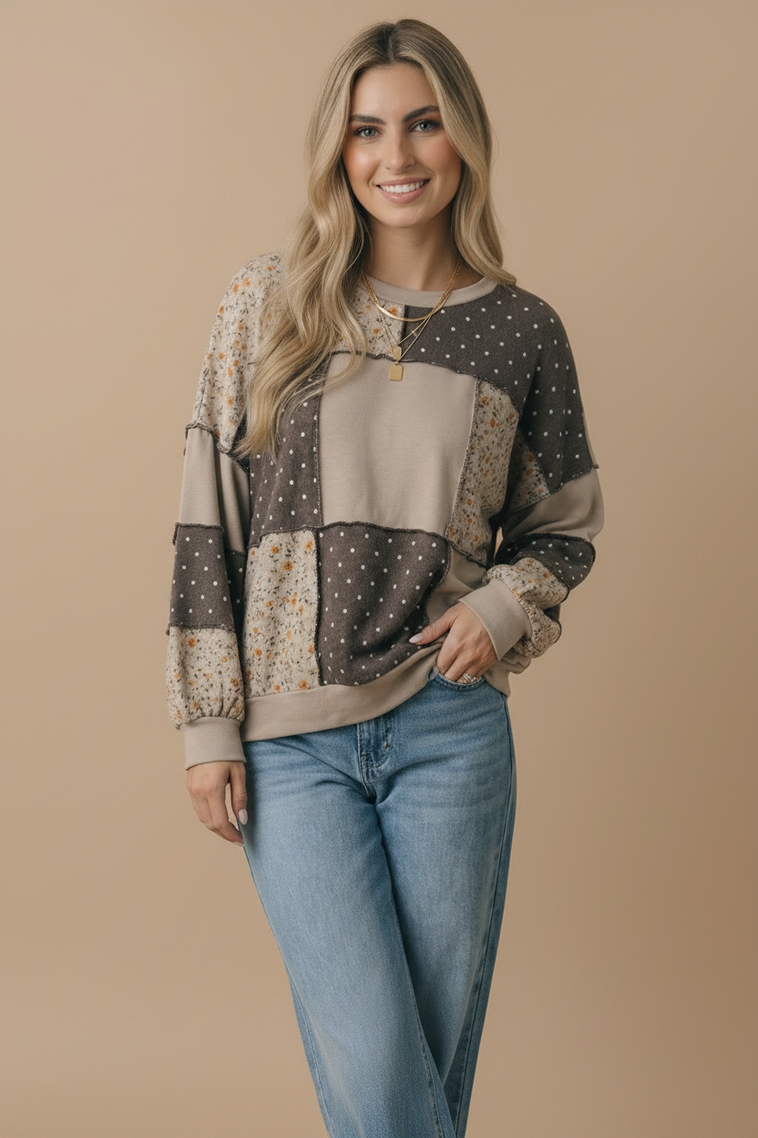 Round Neck Floral &amp; Polka Dot Patchwork French Terry Pullover