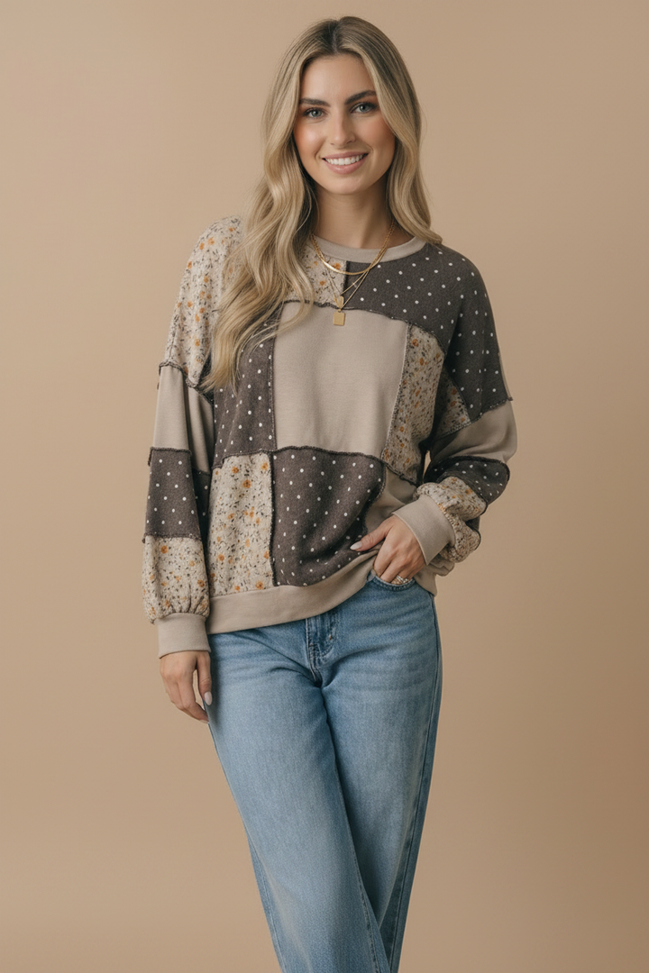 Round Neck Floral &amp; Polka Dot Patchwork French Terry Pullover