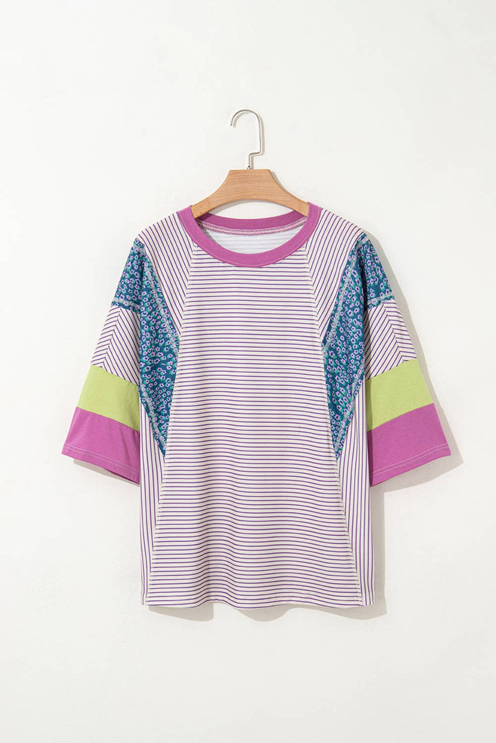 Stripe Floral Raw Edge Patchwork Bracelet Sleeve Top | S-XL