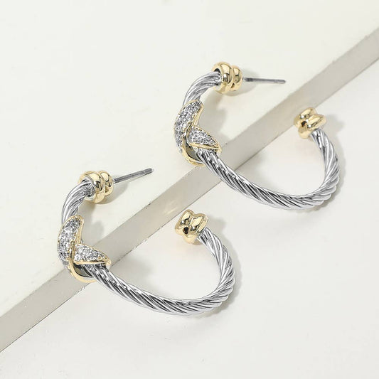 14K Gold Plated CZ Pave Knot Accent Twisted Hoop Earrings