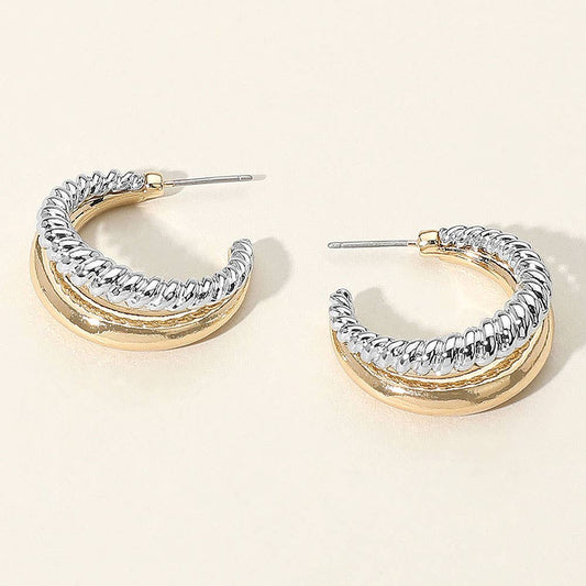 Two Tone Textured Metal Hoop Earrings