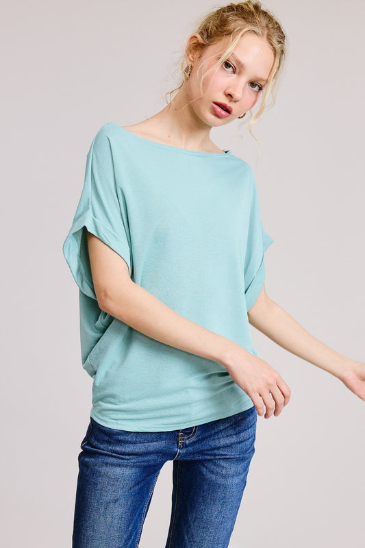 Blue Cuffed Woven Top