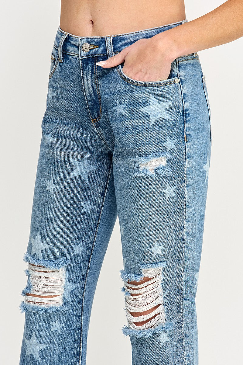 Mid Rise Slim Boyfriend With Star Print