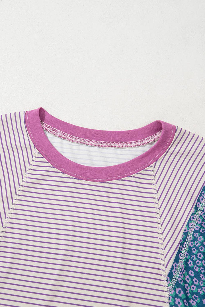 Stripe Floral Raw Edge Patchwork Bracelet Sleeve Top | S-XL