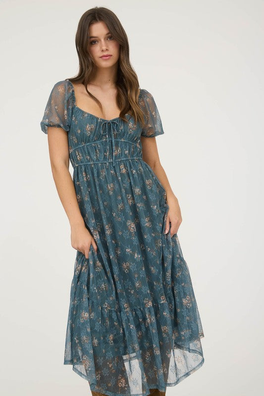Sheer Floral Puff Sleeve Front Tie Midi Dress