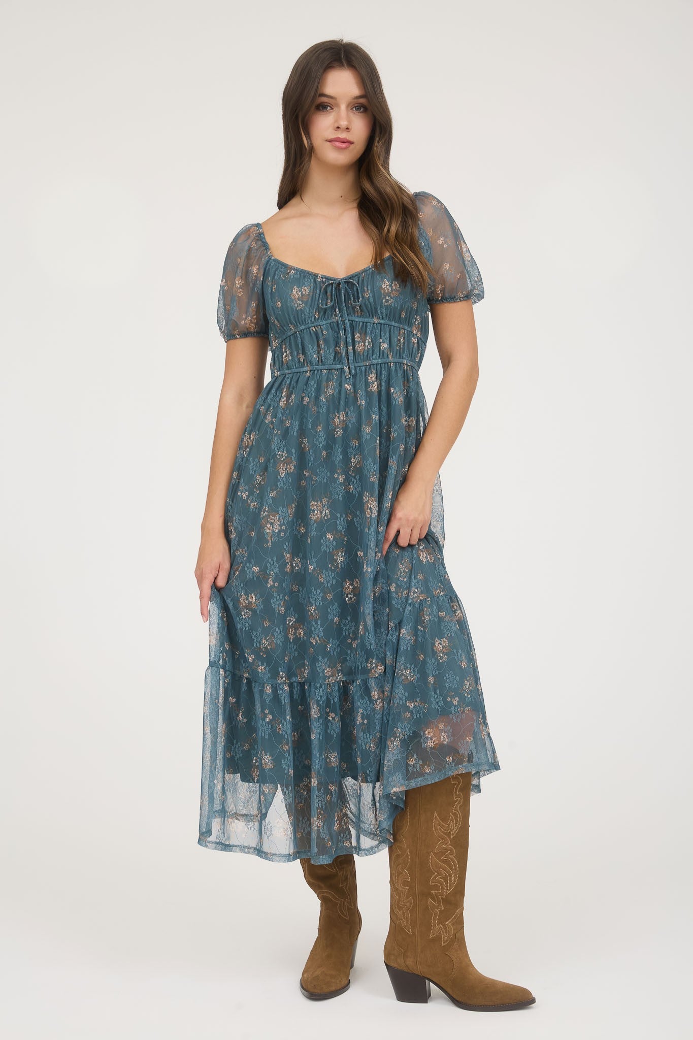 Sheer Floral Puff Sleeve Front Tie Midi Dress