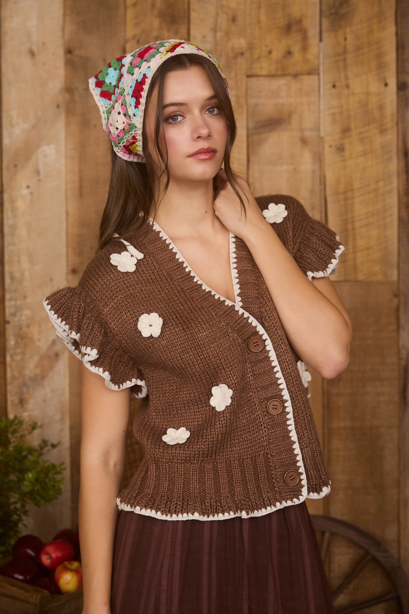 Crochet Floral Detail Ruffled Knit Cardigan