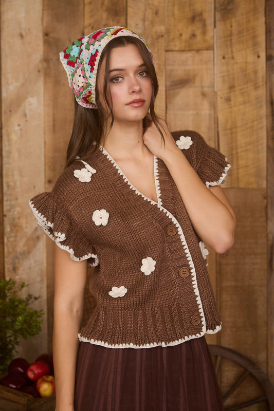Crochet Floral Detail Ruffled Knit Cardigan
