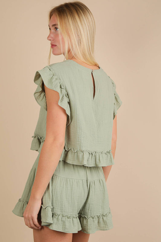 Ruffled Solid Woven Top & Shorts Set Sage