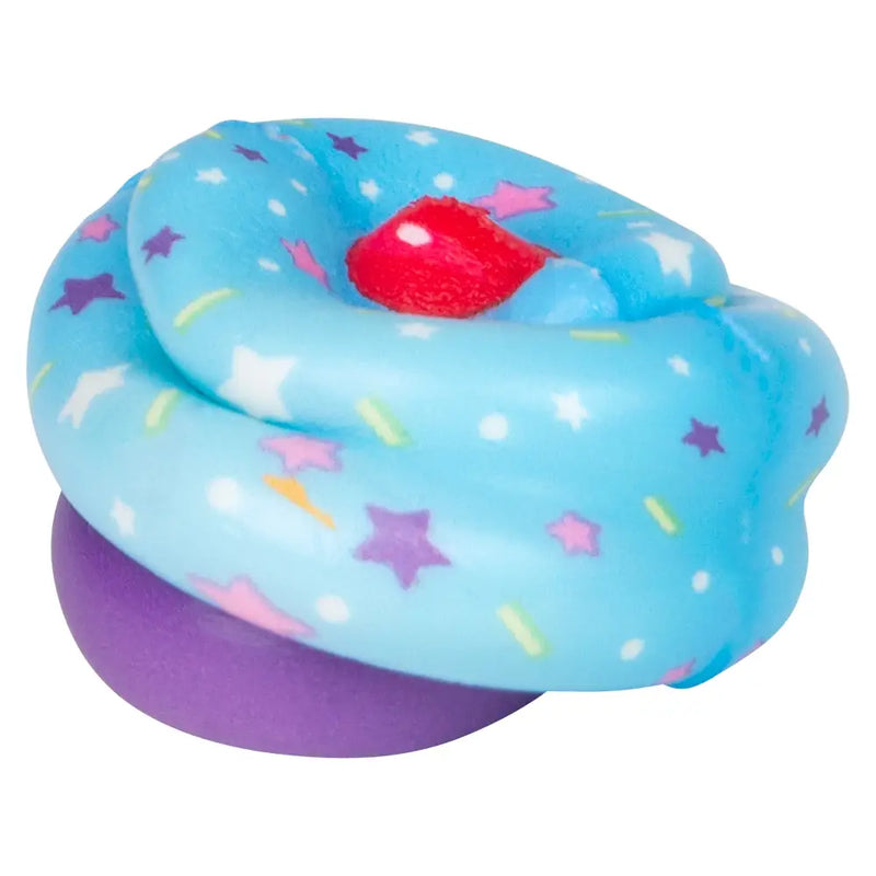colorful 2 inch cupcake squish stress toys with frosting, sprinkles, and bright cupcake designs on a light background squished