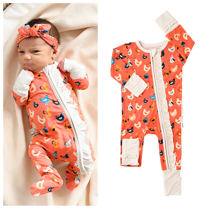 Penny RUFFLE ZIP Bamboo One Piece Chickens Baby Outfit