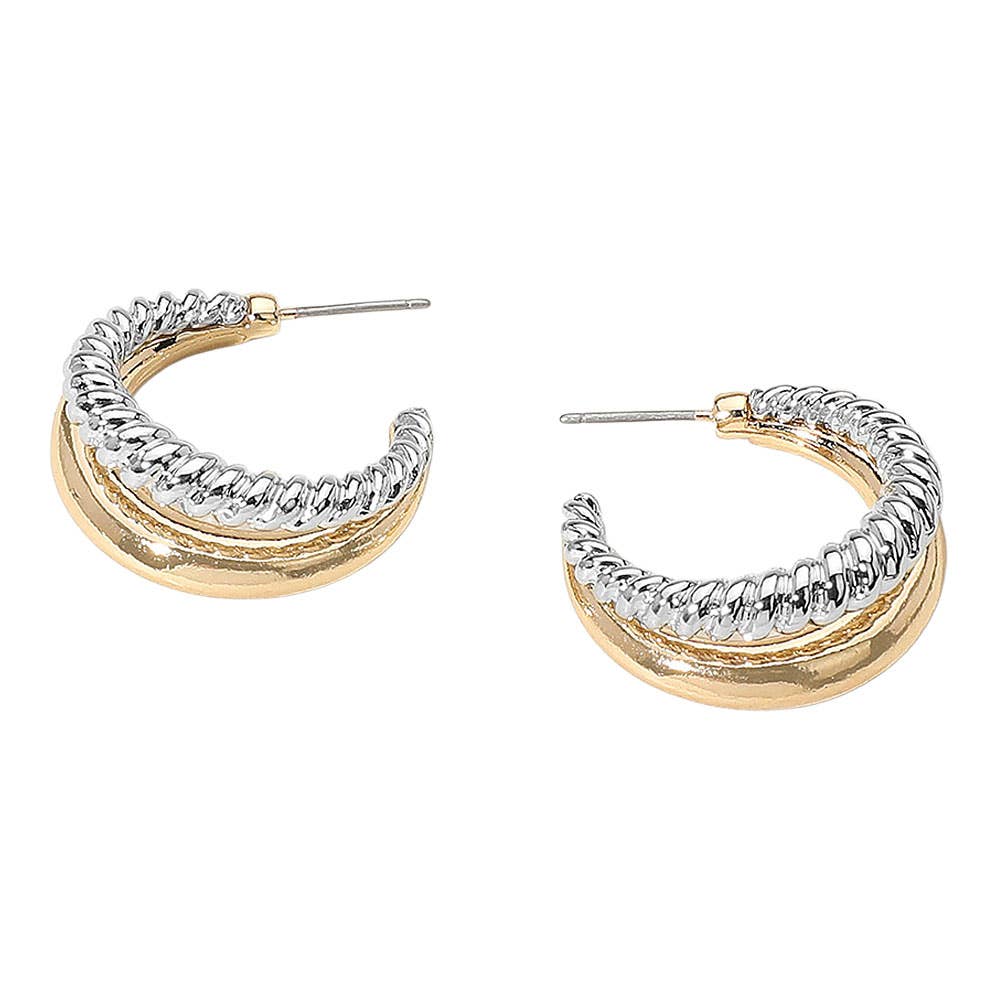Two Tone Textured Metal Hoop Earrings