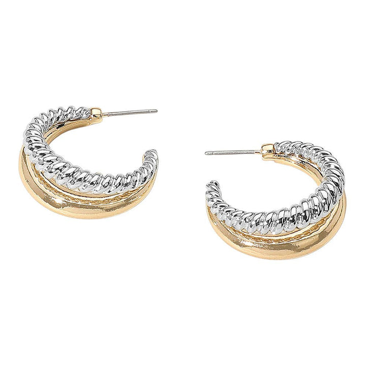 Two Tone Textured Metal Hoop Earrings