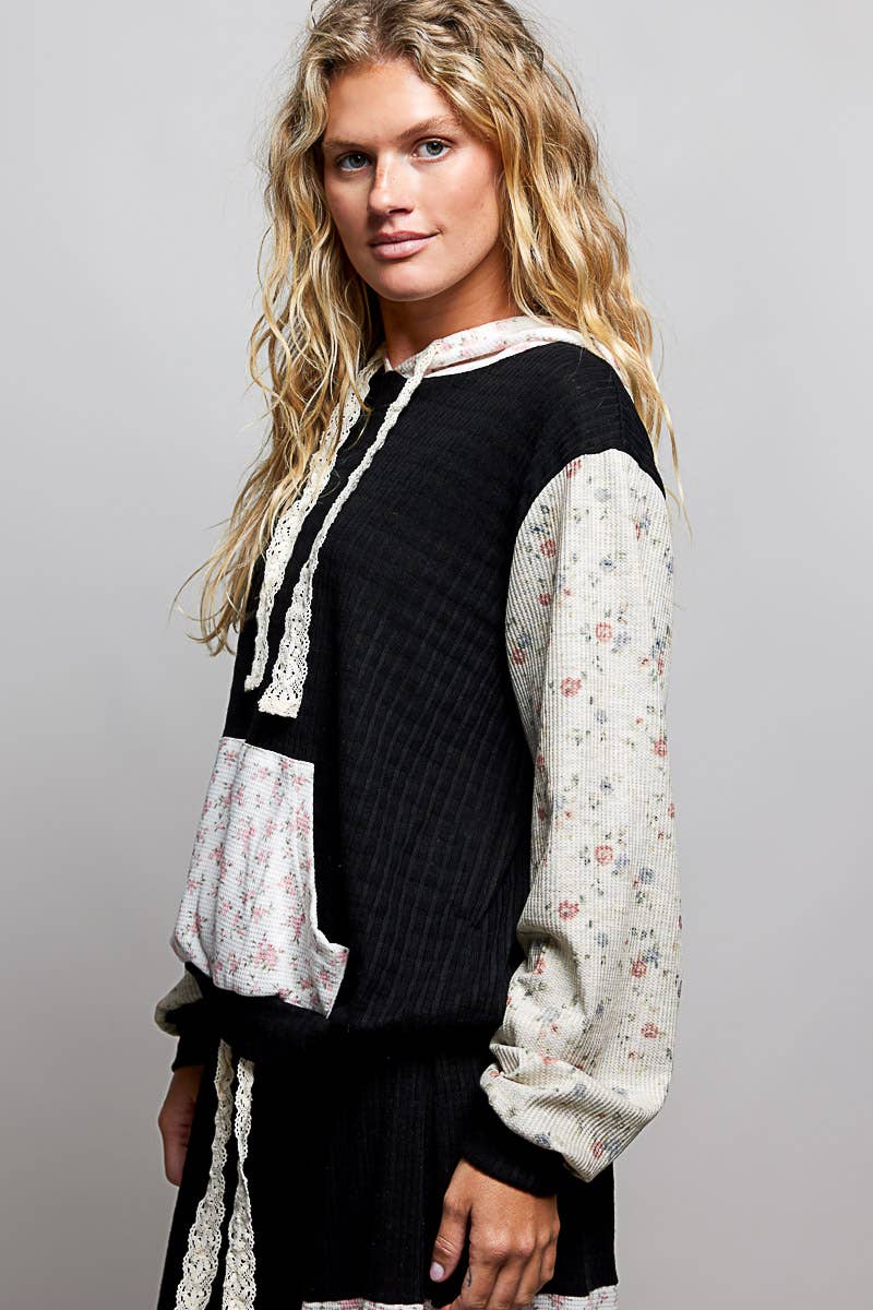 Boho Mixed Knit Contrast Sleeve Hooded Pulloverl