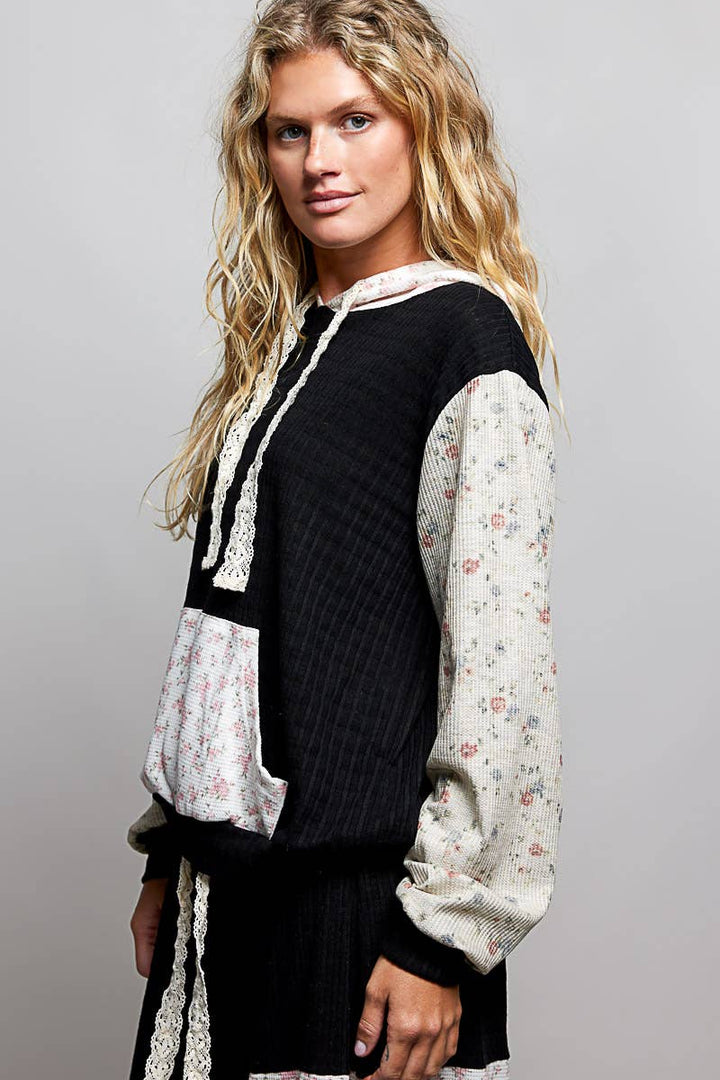 Boho Mixed Knit Contrast Sleeve Hooded Pulloverl