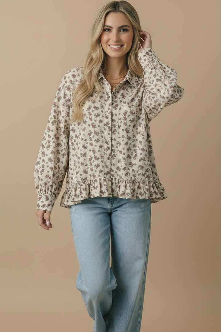 Vintage Floral Peplum Button Down Shirt | Collared Long Sleeve Babydoll Blouse
