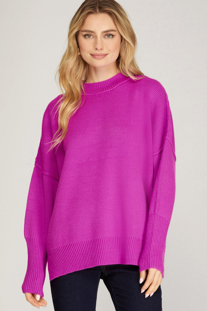 Fuchsia Oversized Mock Neck Sweater | Drop Shoulder Knit Pullover