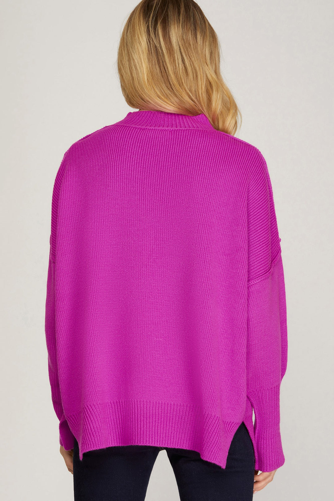 Fuchsia Oversized Mock Neck Sweater | Drop Shoulder Knit Pullover