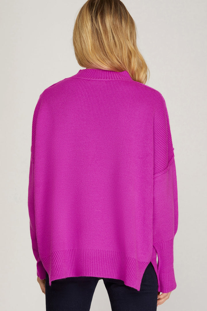 Fuchsia Oversized Mock Neck Sweater | Drop Shoulder Knit Pullover