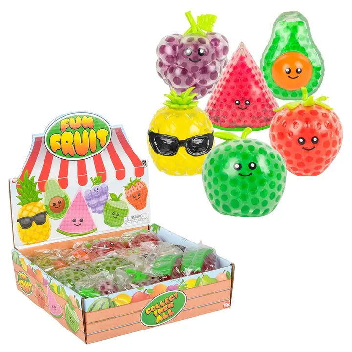 Display box of 3 inch squeezy bead fun fruit stress toys in assorted fruit shapes including pineapple, strawberry, watermelon, avocado, grape, and green apple