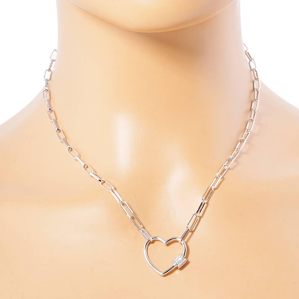 Gold Dipped CZ Open Heart Carabiner Pendant Chain Necklace