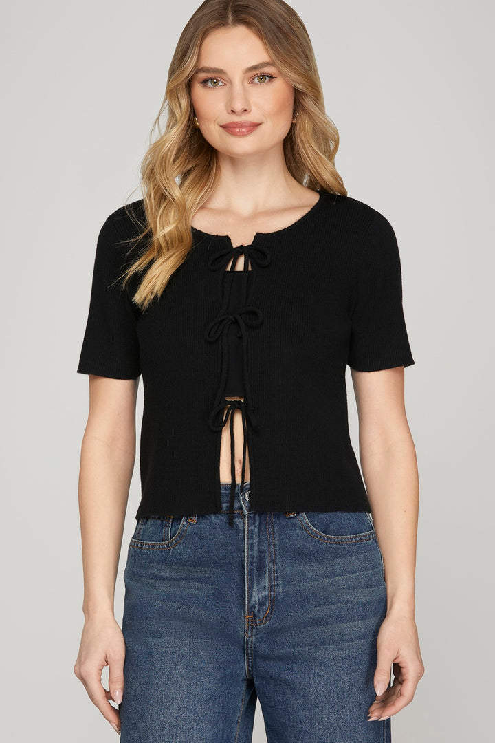 Black Tie Front Sweater Cardigan | Short Sleeve Lightweight Knit Top