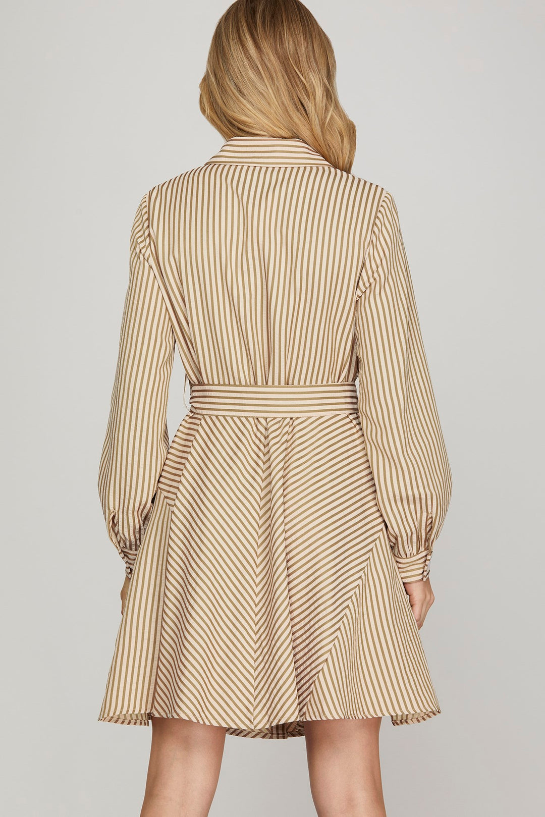 Taupe Striped Button Down Mini Dress | Long Sleeve Belted Shirt Dress with Pockets