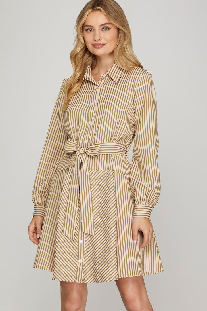 Taupe Striped Button Down Mini Dress | Long Sleeve Belted Shirt Dress with Pockets